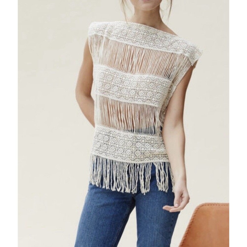 Callahan Crochet Fringe Top Cream Anthropologie Festival Boho Cottagecore Beach